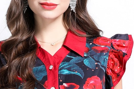 CM-DY032211 Women Elegant Euroepan Style Floral Print Collar Neckline Boat Sleeve Belyed Maxi Dress - Black