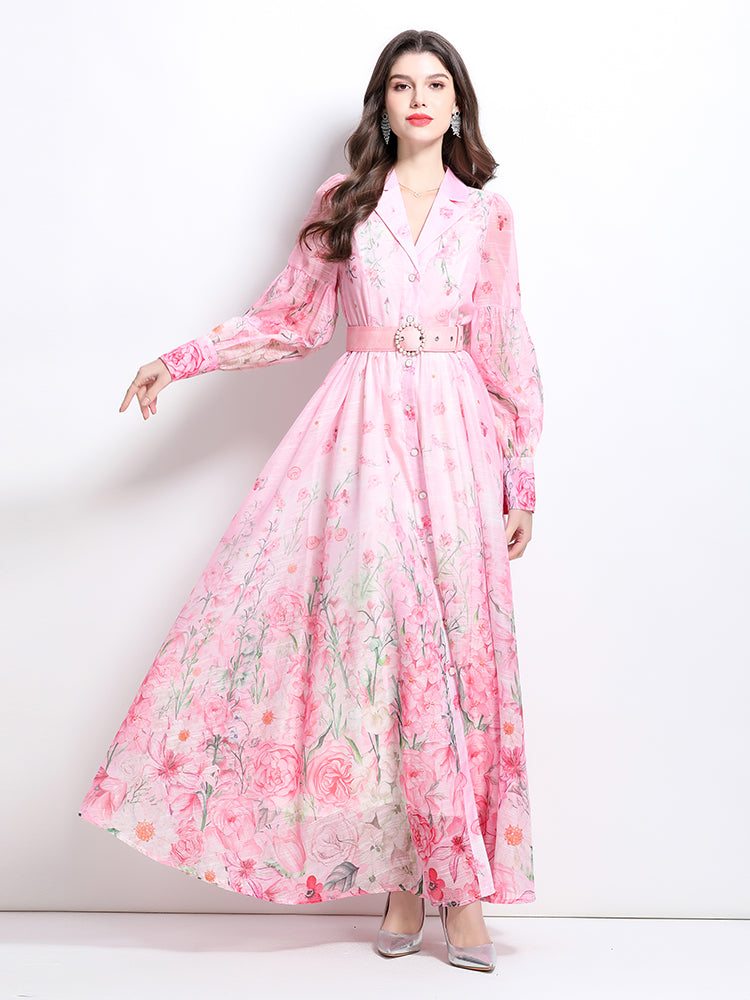 CM-DY032214 Women Elegant European Style Floral Print V-Neck Long Sleeve Medium Waist Maxi Dress - Pink