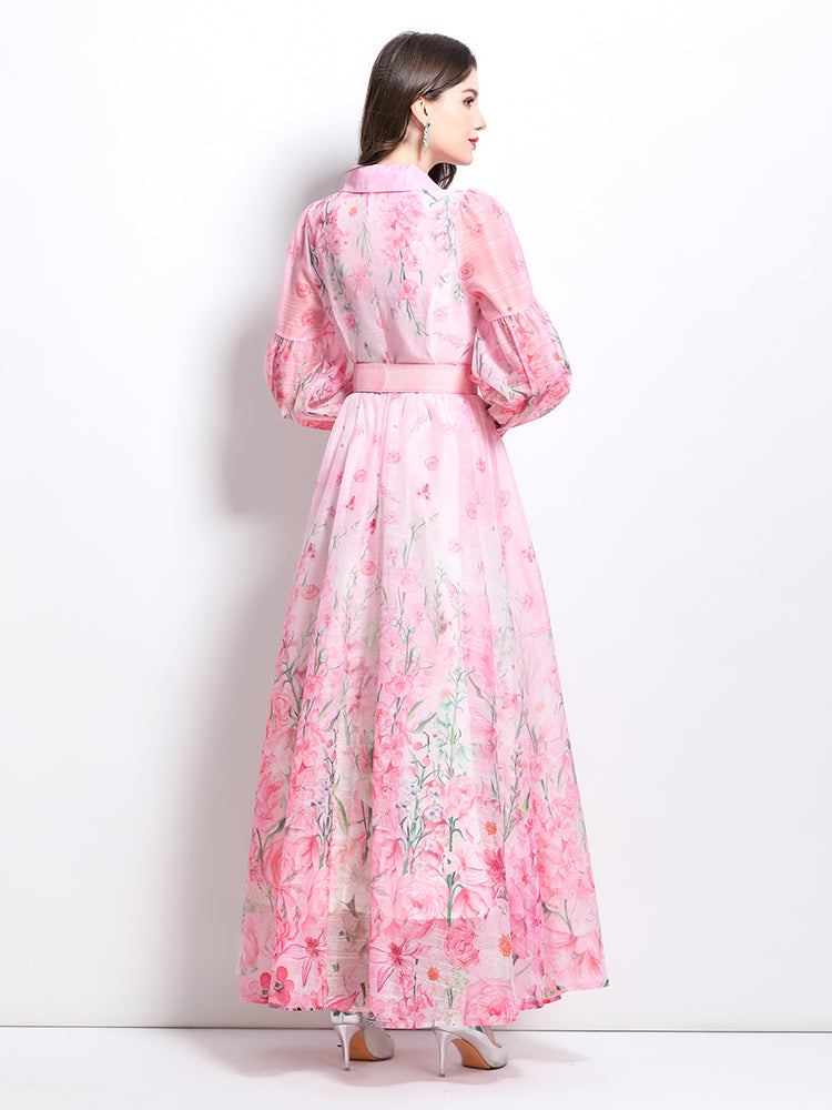 CM-DY032214 Women Elegant European Style Floral Print V-Neck Long Sleeve Medium Waist Maxi Dress - Pink