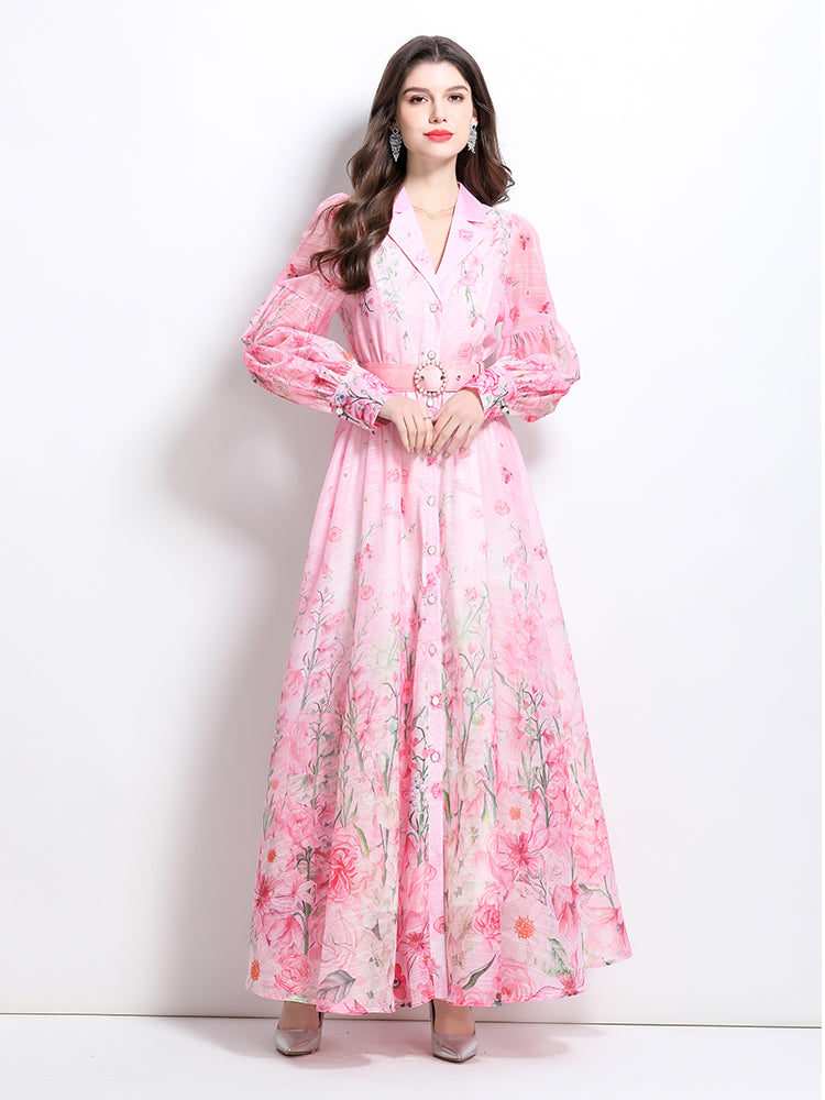 CM-DY032214 Women Elegant European Style Floral Print V-Neck Long Sleeve Medium Waist Maxi Dress - Pink