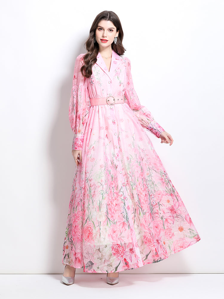 CM-DY032214 Women Elegant European Style Floral Print V-Neck Long Sleeve Medium Waist Maxi Dress - Pink