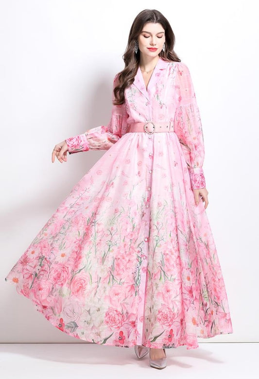 CM-DY032214 Women Elegant European Style Floral Print V-Neck Long Sleeve Medium Waist Maxi Dress - Pink