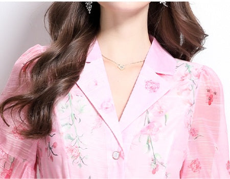 CM-DY032214 Women Elegant European Style Floral Print V-Neck Long Sleeve Medium Waist Maxi Dress - Pink
