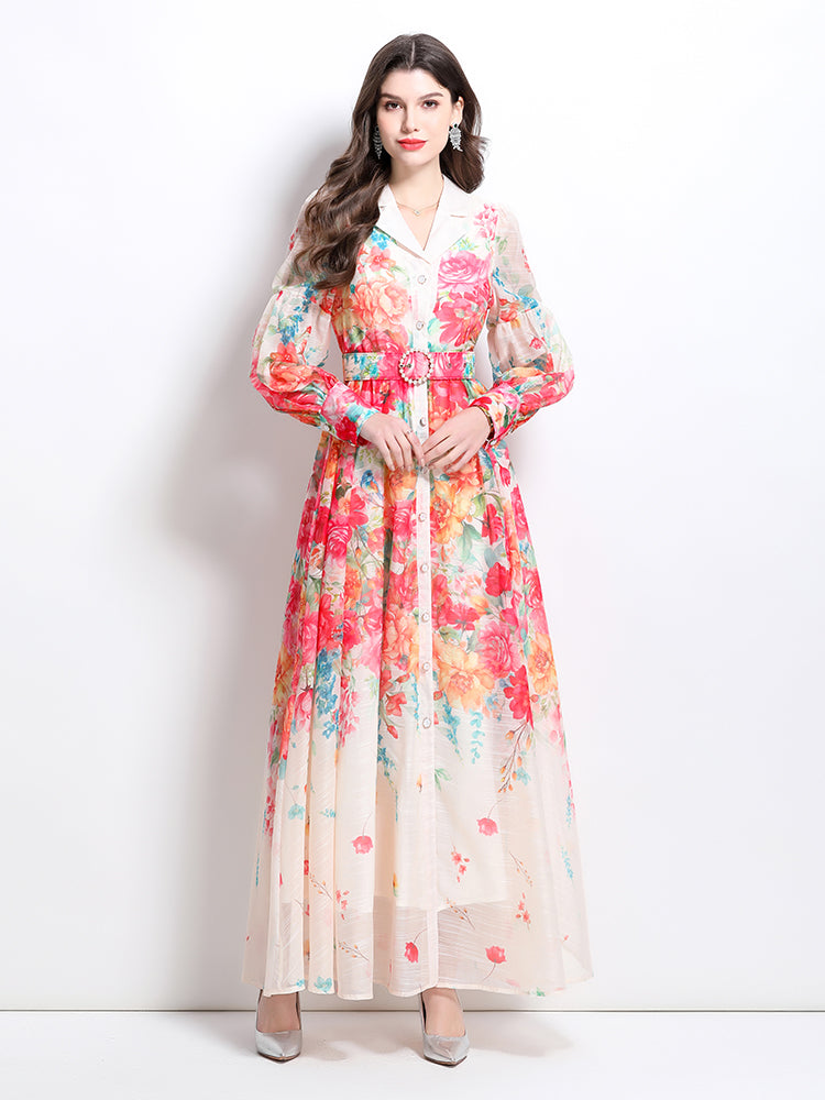 CM-DY032215 Women Elegant European Style Floral Print Round Neck Trumpet Sleeve Maxi Dress - Apricot