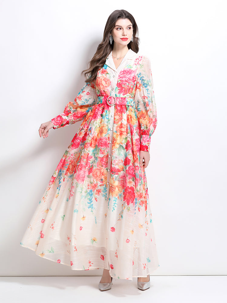 CM-DY032215 Women Elegant European Style Floral Print Round Neck Trumpet Sleeve Maxi Dress - Apricot