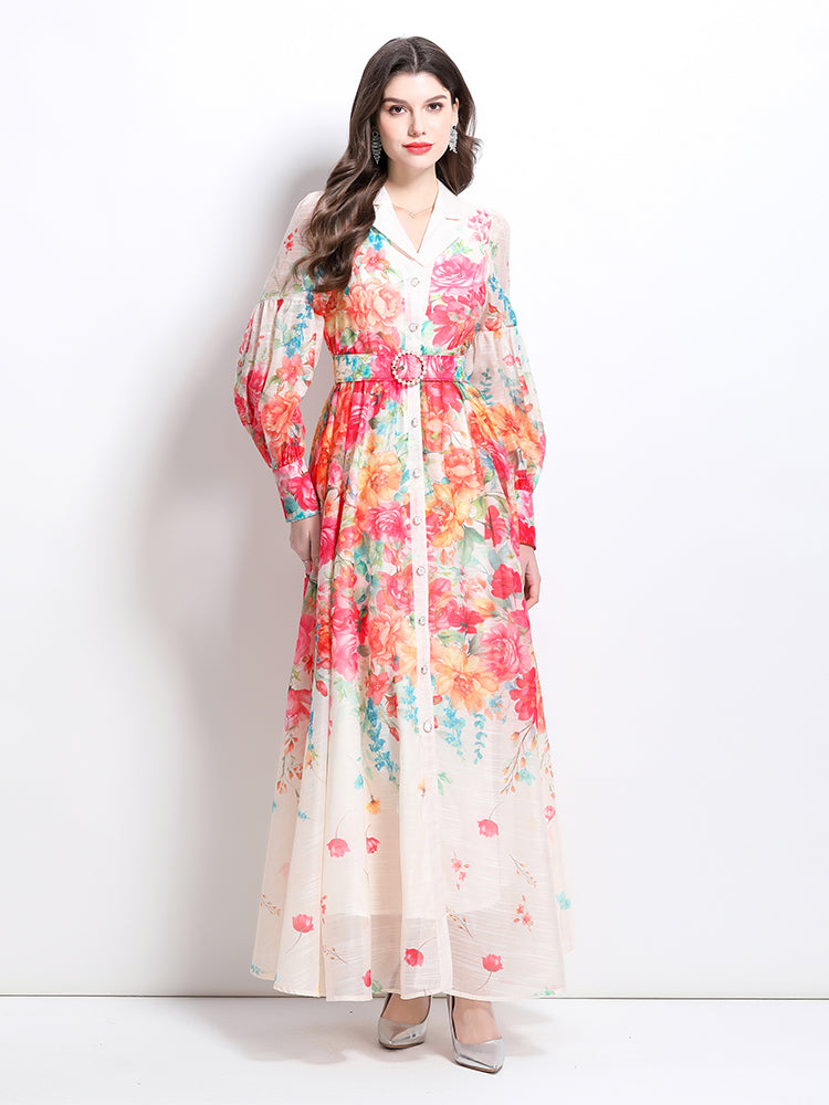 CM-DY032215 Women Elegant European Style Floral Print Round Neck Trumpet Sleeve Maxi Dress - Apricot