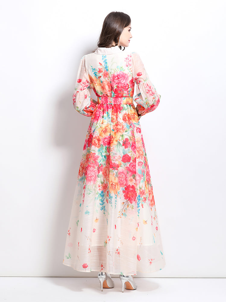 CM-DY032215 Women Elegant European Style Floral Print Round Neck Trumpet Sleeve Maxi Dress - Apricot
