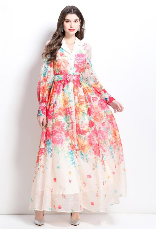 CM-DY032215 Women Elegant European Style Floral Print Round Neck Trumpet Sleeve Maxi Dress - Apricot