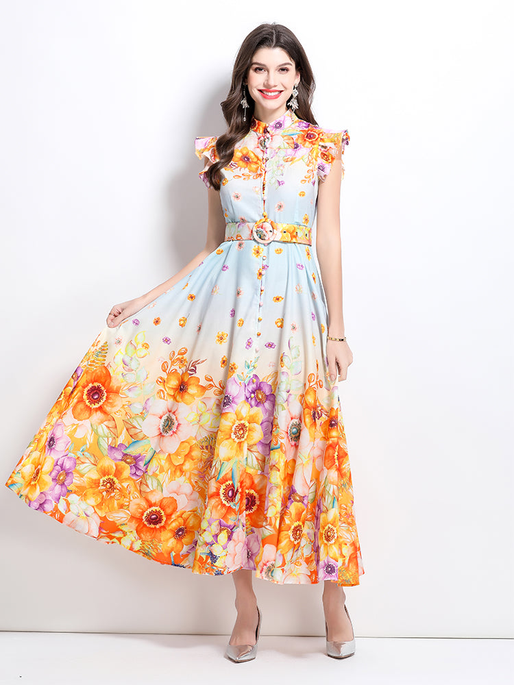 CM-DY032220 Women Elegant European Style Floral Print Stand Collar Cap Sleeve Maxi Dress - Light Blue