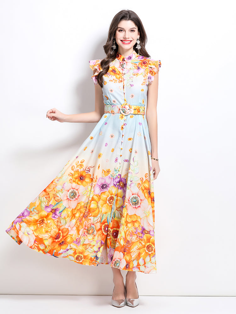 CM-DY032220 Women Elegant European Style Floral Print Stand Collar Cap Sleeve Maxi Dress - Light Blue