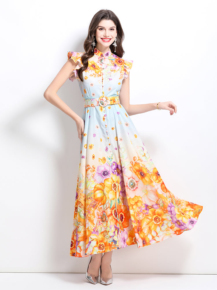 CM-DY032220 Women Elegant European Style Floral Print Stand Collar Cap Sleeve Maxi Dress - Light Blue