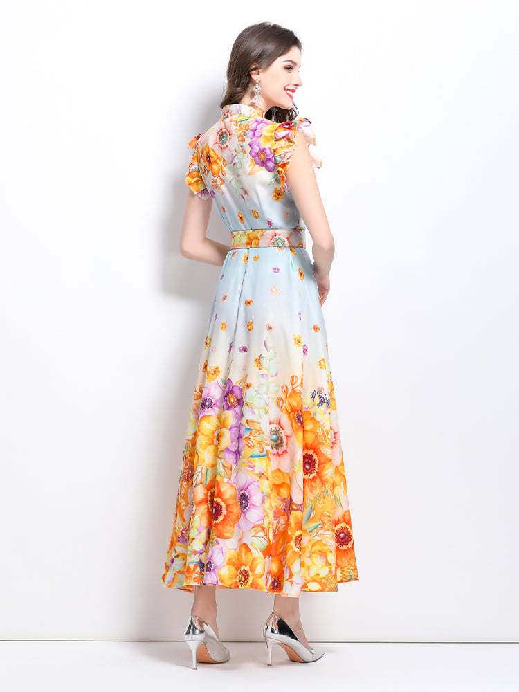 CM-DY032220 Women Elegant European Style Floral Print Stand Collar Cap Sleeve Maxi Dress - Light Blue