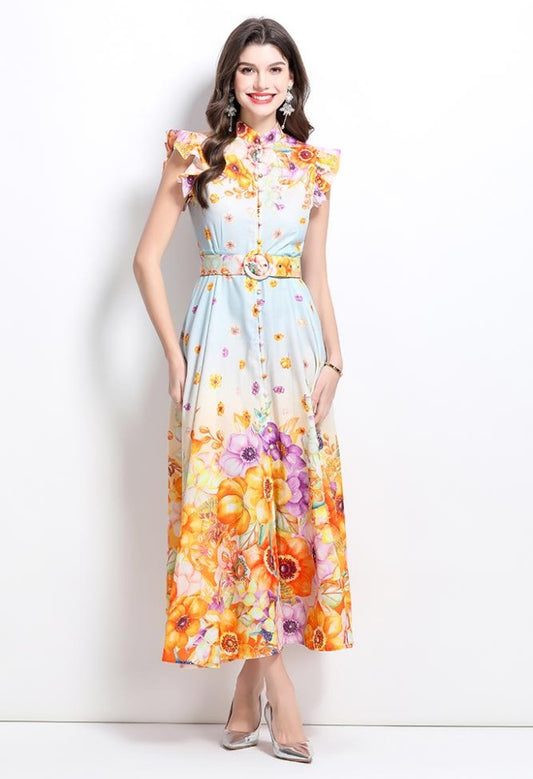CM-DY032220 Women Elegant European Style Floral Print Stand Collar Cap Sleeve Maxi Dress - Light Blue