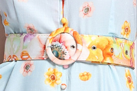 CM-DY032220 Women Elegant European Style Floral Print Stand Collar Cap Sleeve Maxi Dress - Light Blue