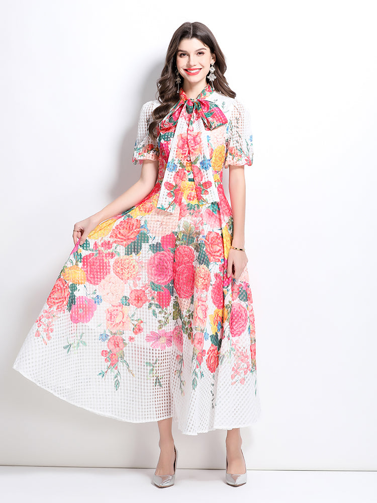 CM-DY032222 Women Elegant European Style Floral Print Tie Neck Puff Sleeve Maxi Dress - White
