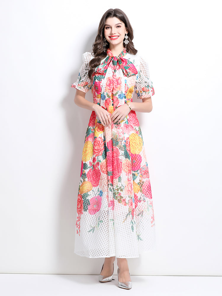 CM-DY032222 Women Elegant European Style Floral Print Tie Neck Puff Sleeve Maxi Dress - White