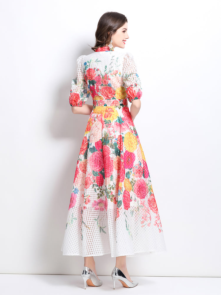 CM-DY032222 Women Elegant European Style Floral Print Tie Neck Puff Sleeve Maxi Dress - White