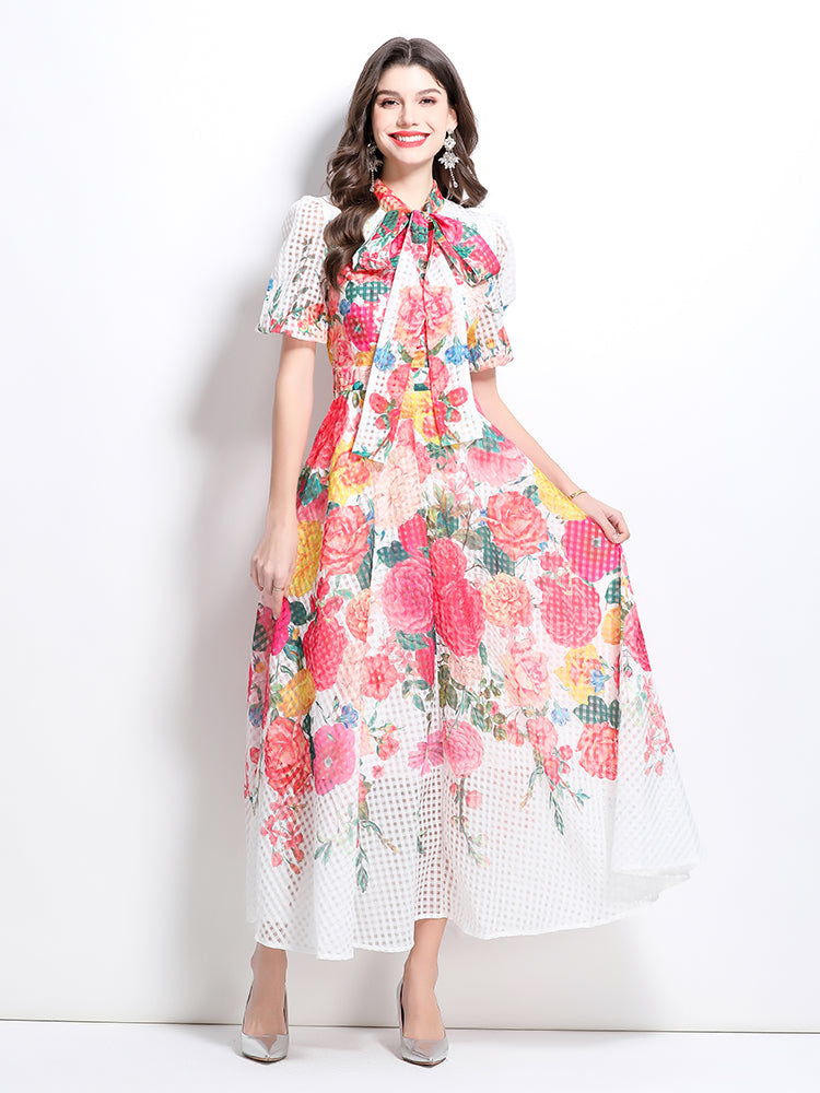 CM-DY032222 Women Elegant European Style Floral Print Tie Neck Puff Sleeve Maxi Dress - White