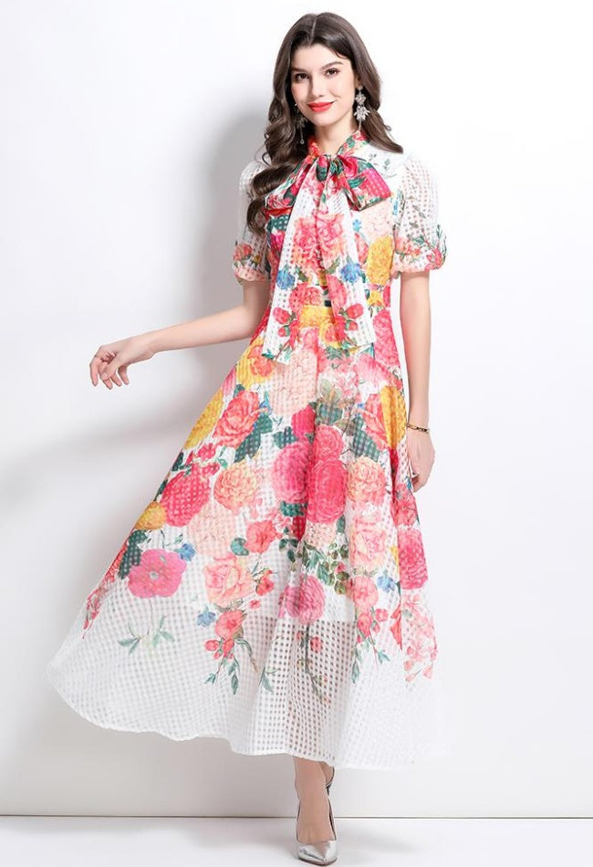 CM-DY032222 Women Elegant European Style Floral Print Tie Neck Puff Sleeve Maxi Dress - White