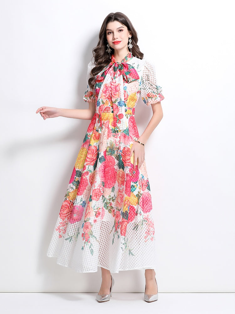 CM-DY032222 Women Elegant European Style Floral Print Tie Neck Puff Sleeve Maxi Dress - White