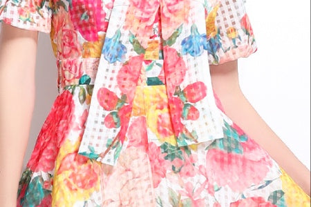 CM-DY032222 Women Elegant European Style Floral Print Tie Neck Puff Sleeve Maxi Dress - White
