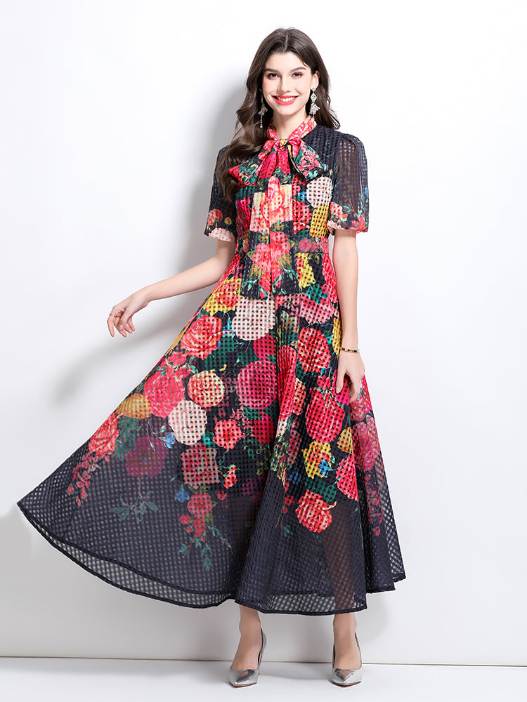 CM-DY032223 Women Elegant European Style Floral Print Tie Neck Puff Sleeve Maxi Dress - Black
