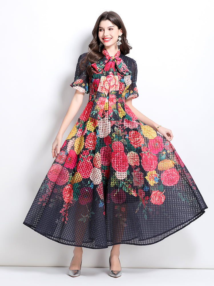 CM-DY032223 Women Elegant European Style Floral Print Tie Neck Puff Sleeve Maxi Dress - Black