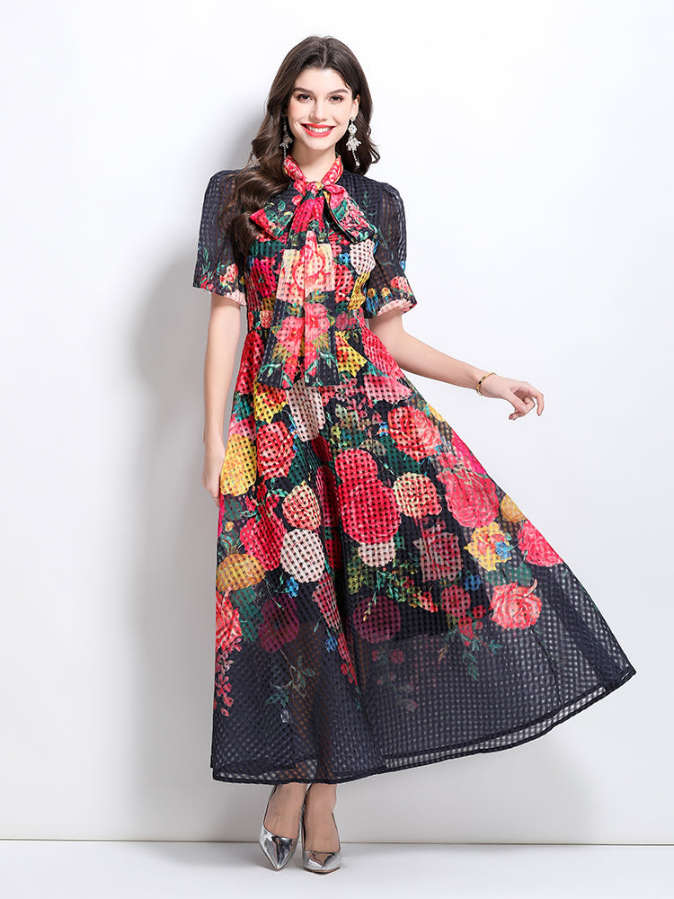 CM-DY032223 Women Elegant European Style Floral Print Tie Neck Puff Sleeve Maxi Dress - Black