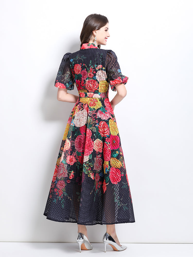 CM-DY032223 Women Elegant European Style Floral Print Tie Neck Puff Sleeve Maxi Dress - Black