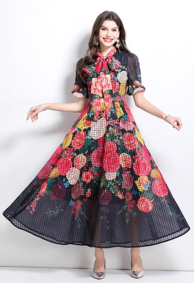 CM-DY032223 Women Elegant European Style Floral Print Tie Neck Puff Sleeve Maxi Dress - Black