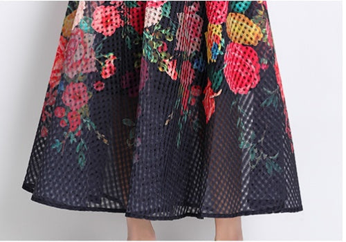 CM-DY032223 Women Elegant European Style Floral Print Tie Neck Puff Sleeve Maxi Dress - Black