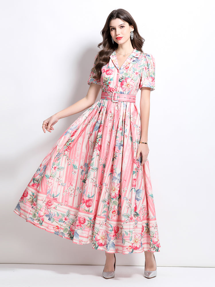 CM-DY032229 Women Elegant European Style Floral Print V-Neck Short Sleeve High Waist Ruffle Long Dress - Pink