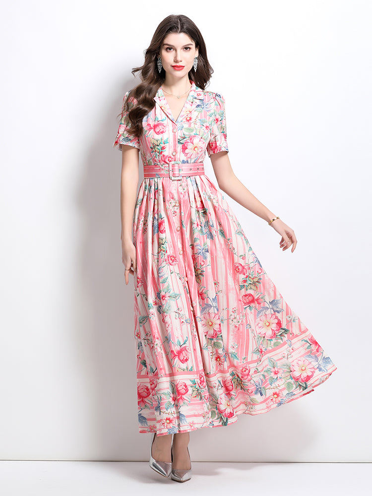 CM-DY032229 Women Elegant European Style Floral Print V-Neck Short Sleeve High Waist Ruffle Long Dress - Pink