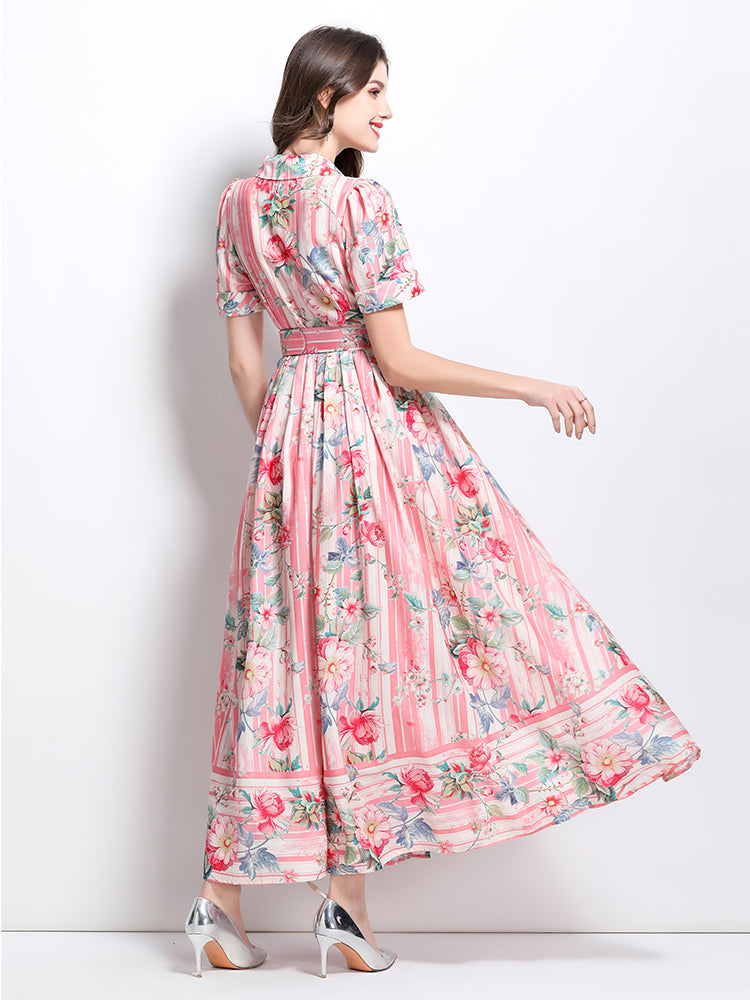 CM-DY032229 Women Elegant European Style Floral Print V-Neck Short Sleeve High Waist Ruffle Long Dress - Pink
