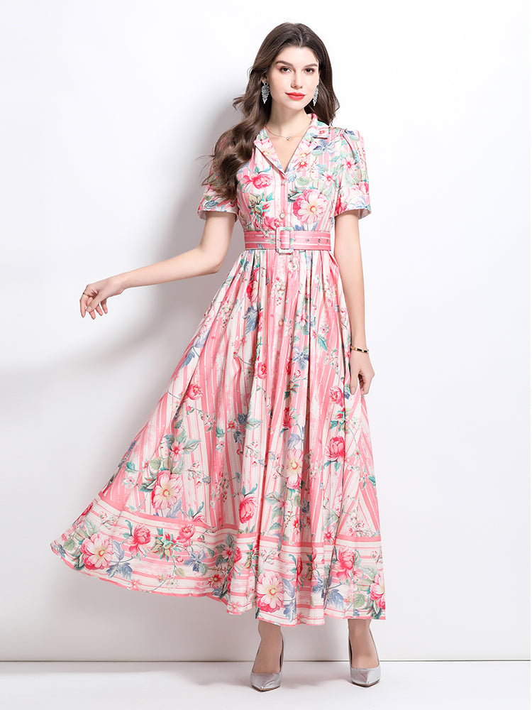 CM-DY032229 Women Elegant European Style Floral Print V-Neck Short Sleeve High Waist Ruffle Long Dress - Pink