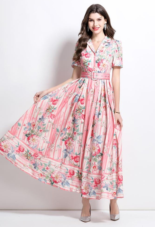 CM-DY032229 Women Elegant European Style Floral Print V-Neck Short Sleeve High Waist Ruffle Long Dress - Pink