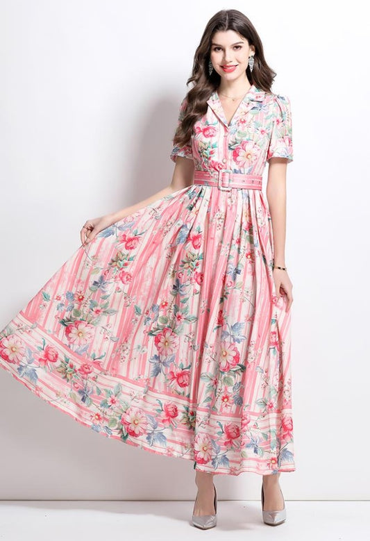 CM-DY032229 Women Elegant European Style Floral Print V-Neck Short Sleeve High Waist Ruffle Long Dress - Pink