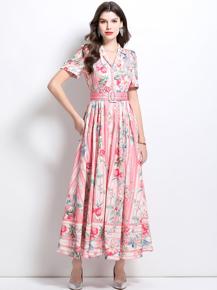 CM-DY032229 Women Elegant European Style Floral Print V-Neck Short Sleeve High Waist Ruffle Long Dress - Pink
