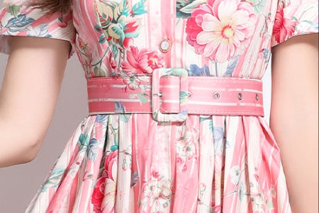 CM-DY032229 Women Elegant European Style Floral Print V-Neck Short Sleeve High Waist Ruffle Long Dress - Pink
