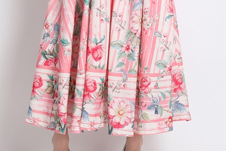 CM-DY032229 Women Elegant European Style Floral Print V-Neck Short Sleeve High Waist Ruffle Long Dress - Pink
