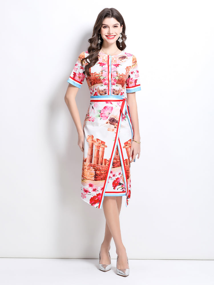 CM-DY032230 Women Elegant European Style Round Neck Short Sleeve All-Over Print Midi Dress