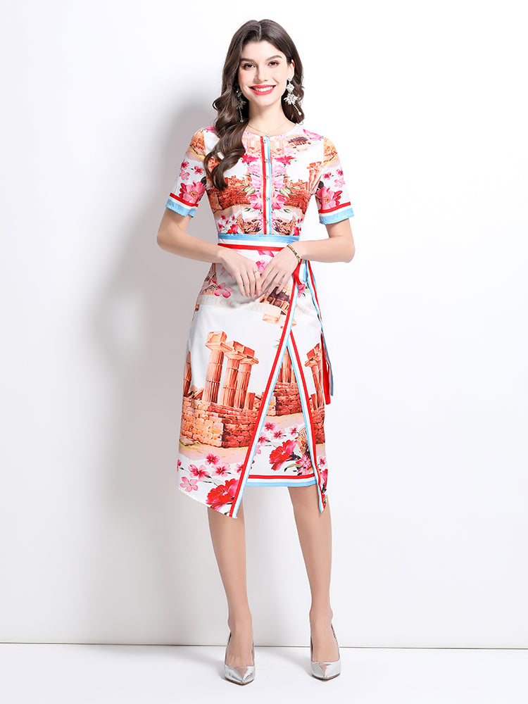 CM-DY032230 Women Elegant European Style Round Neck Short Sleeve All-Over Print Midi Dress