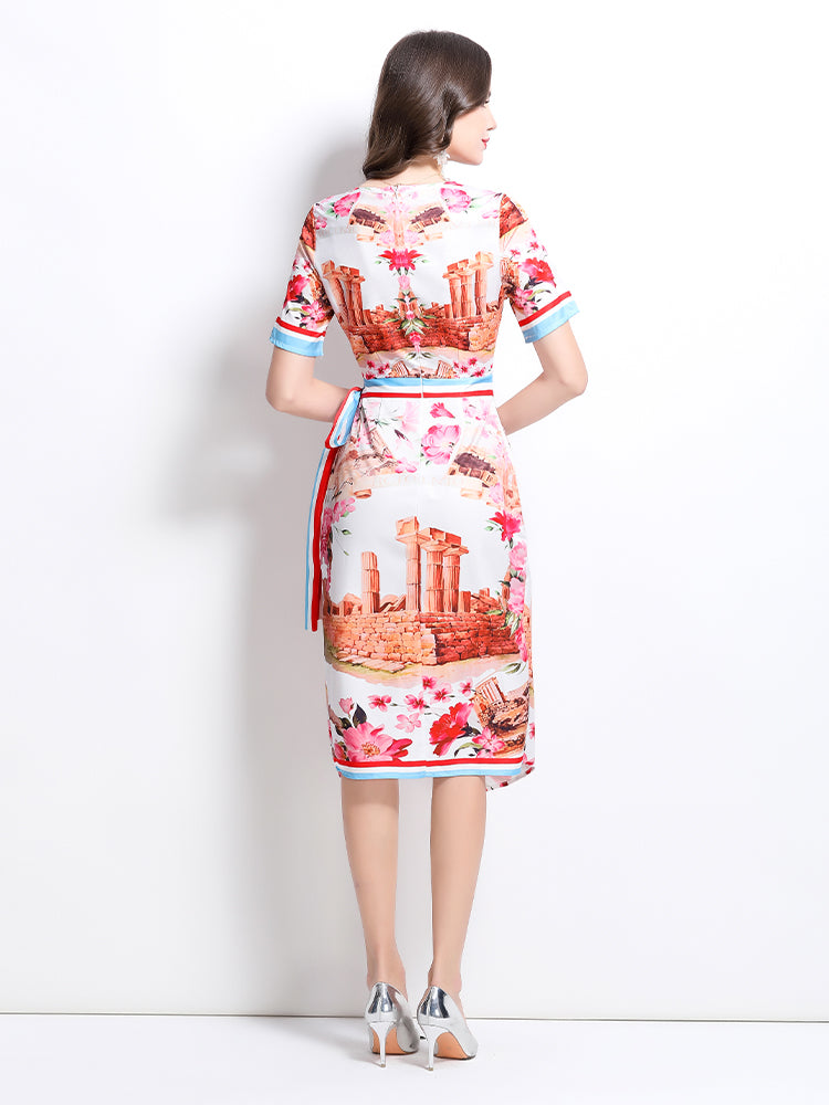 CM-DY032230 Women Elegant European Style Round Neck Short Sleeve All-Over Print Midi Dress