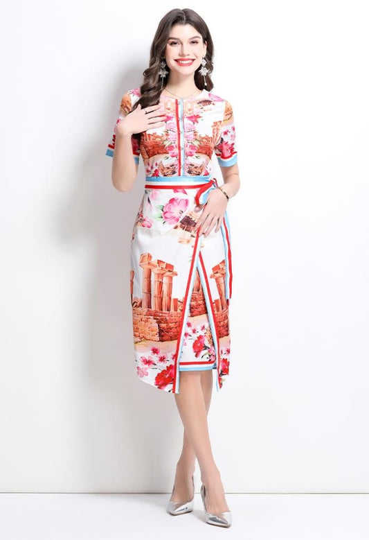 CM-DY032230 Women Elegant European Style Round Neck Short Sleeve All-Over Print Midi Dress