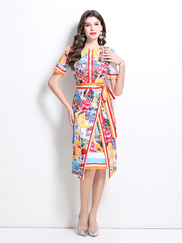 CM-DY032233 Women Elegant European Style Round Neck Short Sleeve All-Over Print Midi Dress