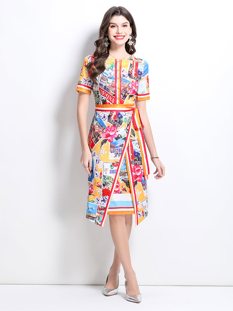 CM-DY032233 Women Elegant European Style Round Neck Short Sleeve All-Over Print Midi Dress