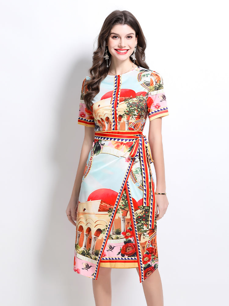 CM-DY032234 Women Elegant European Style Round Neck Short Sleeve All-Over Print Midi Dress