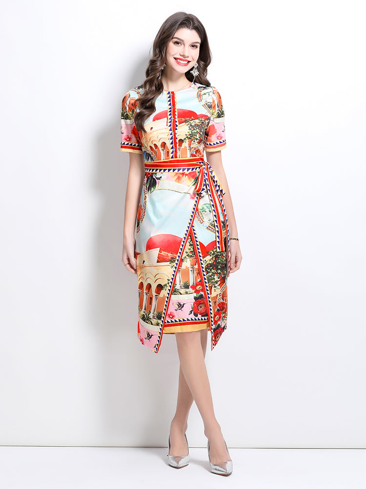 CM-DY032234 Women Elegant European Style Round Neck Short Sleeve All-Over Print Midi Dress