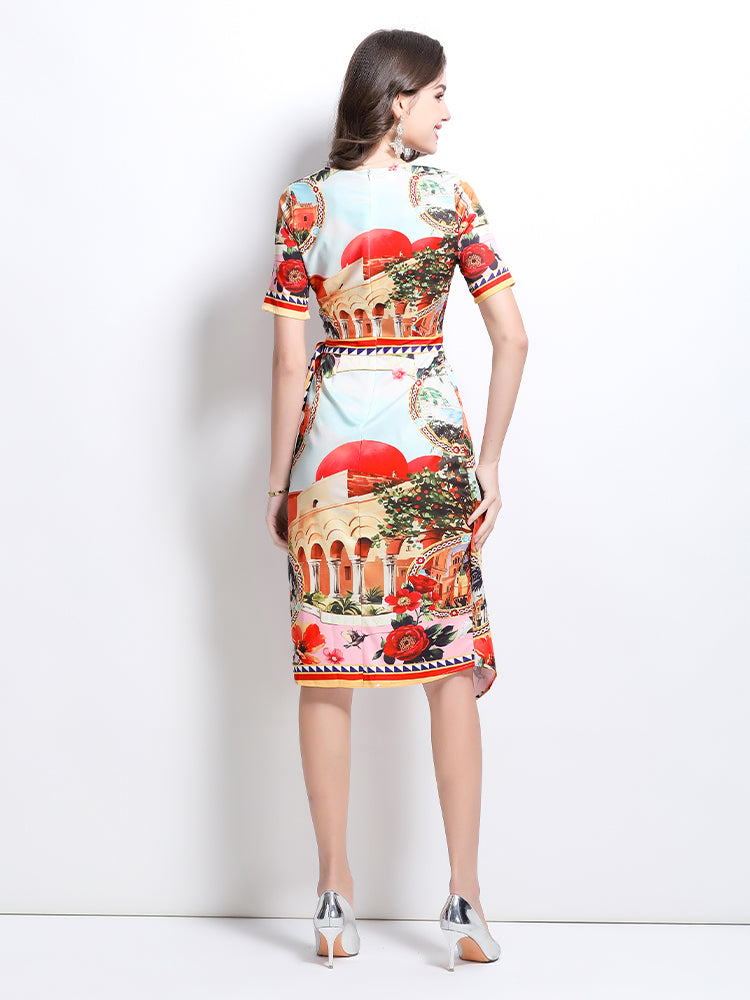 CM-DY032234 Women Elegant European Style Round Neck Short Sleeve All-Over Print Midi Dress