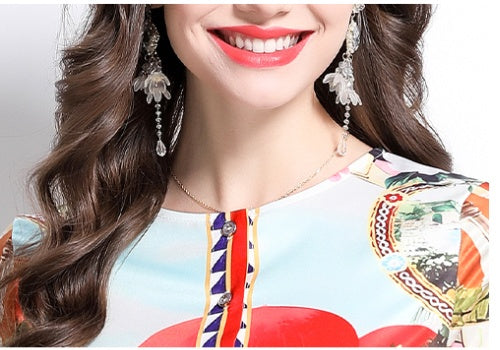 CM-DY032234 Women Elegant European Style Round Neck Short Sleeve All-Over Print Midi Dress